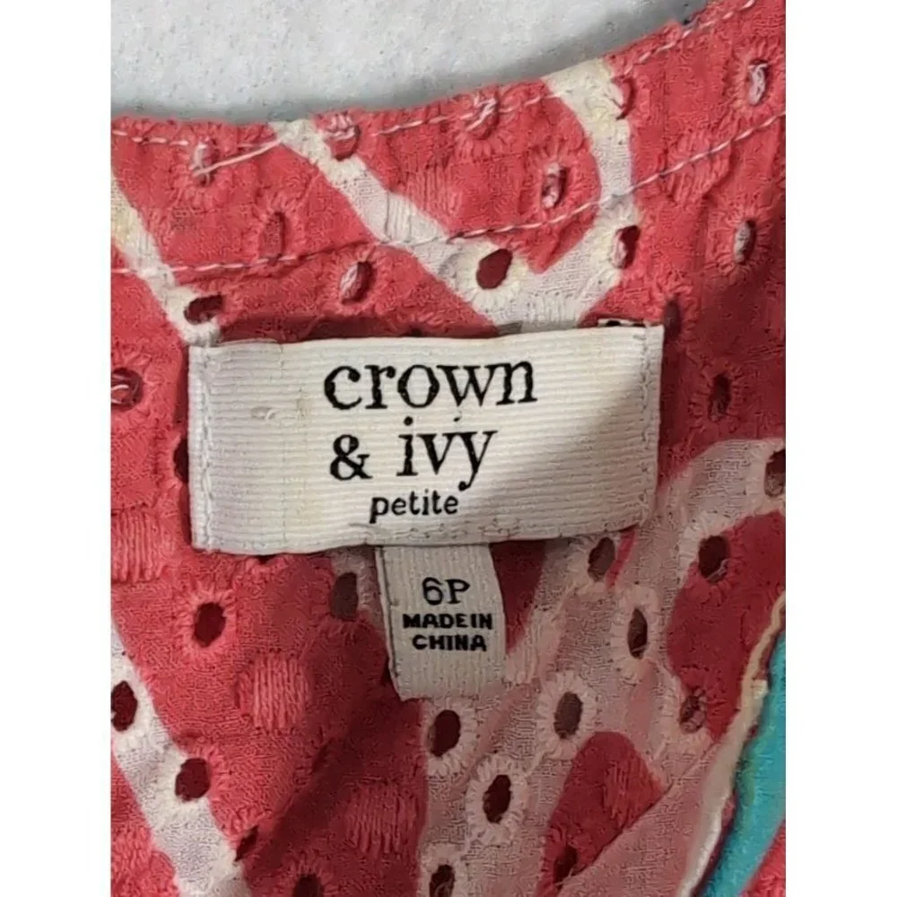 Crown & Ivy Shift Dress‎ Womens 6 Petite Coral Blue Shell Design Sleeveless